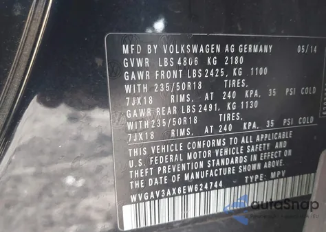 2014 Volkswagen Tiguan Se из США, поврежденный, VIN WVGAV3AX6EW624744